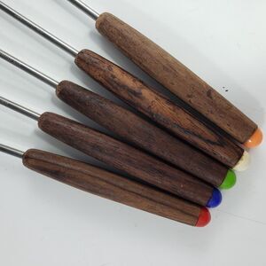 Fondue Long Fork Set Wood Teak Handle Color Insert MCM Set 5 Haddon House Japan